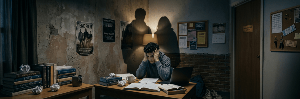 A student sitting at a desk with open books and laptop, holding his head in frustration