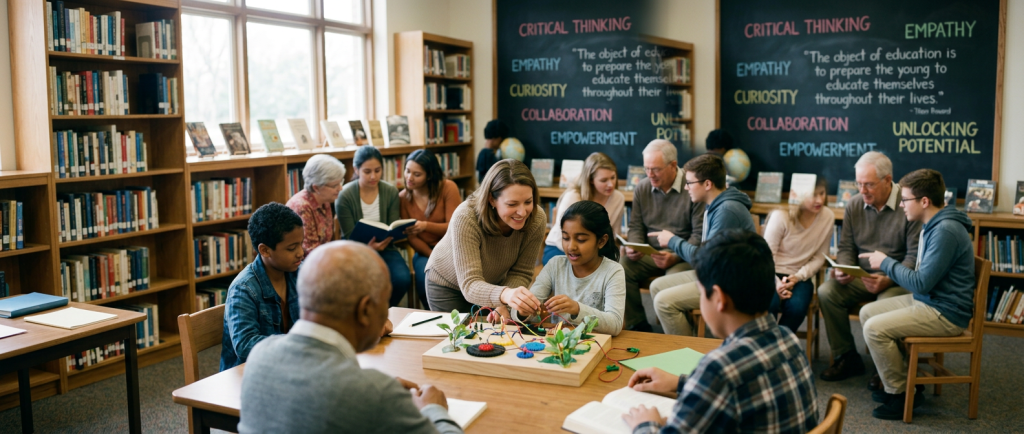 Teacher guiding student on a STEM project with gears and wires in a classroom surrounded by diverse students and adults.