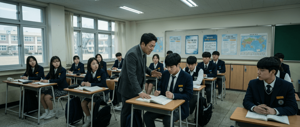 Teacher leaning over a student's desk speaking sternly as other students watch in a classroom