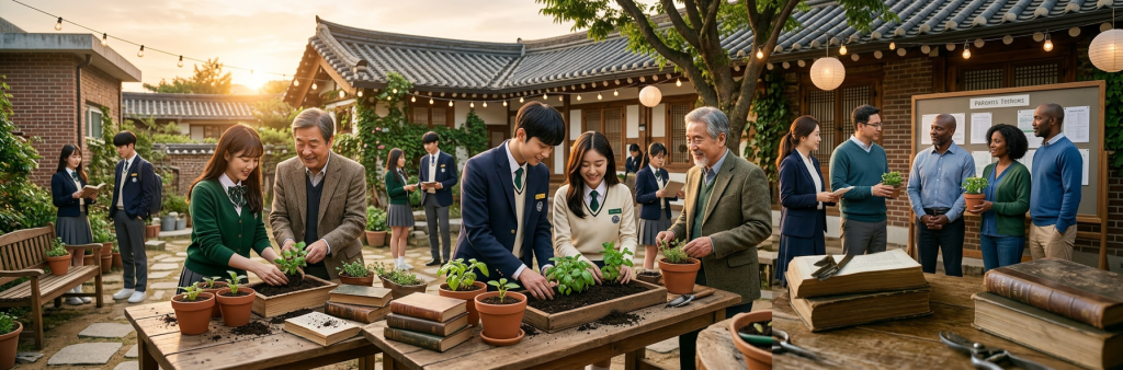 Students and elders planting herbs in pots and soil trays outdoors during a gardening activity