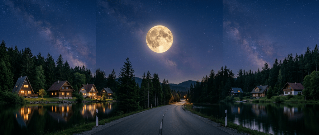 Full moon shining over a calm mountain lake surrounded by pine trees with stars in the night sky